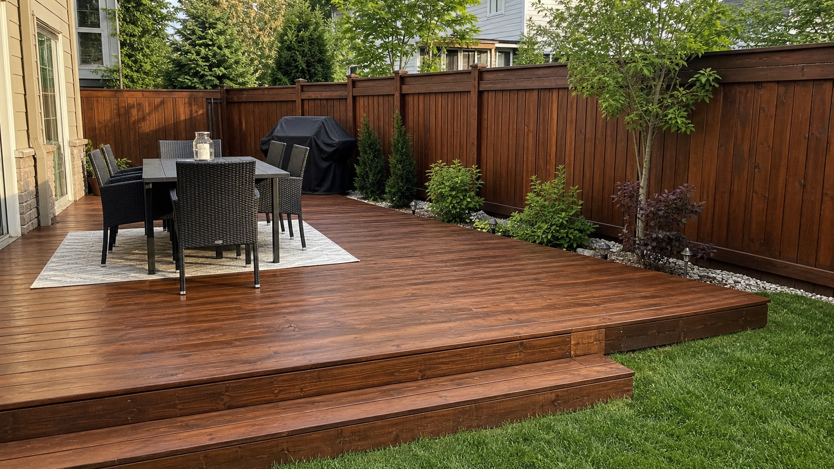 Deck and fence stained with semi-transparent finish Deck and fence stained with semi-transparent finish